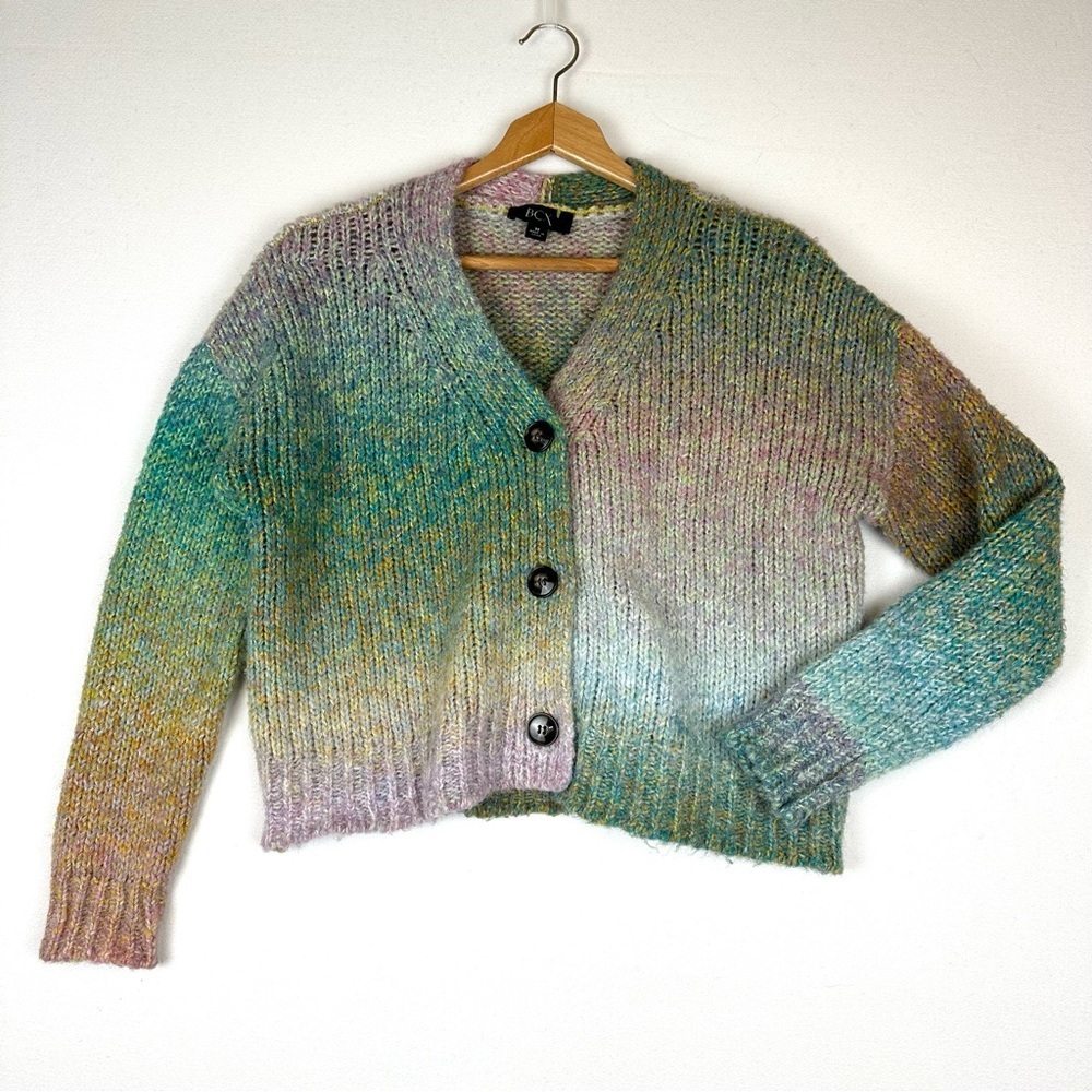 BCX Multi Colored Marled Yarn Button Down Cropped Cardigan Rainbow